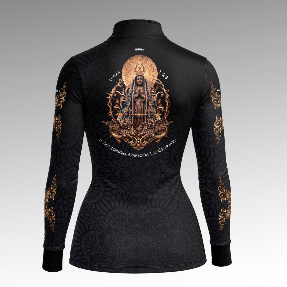 Camisa Feminina Nossa Senhora Aparecida Rogai por Nós Preto Ouro Velho com UV50
