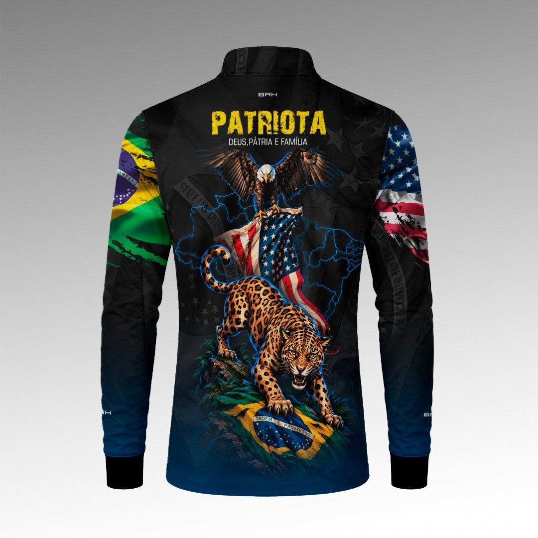 Camisa Brk Patriota Deus Pátria e Família Onça e Águia Brasil e EUA Preta Azul com Proteção UV50+