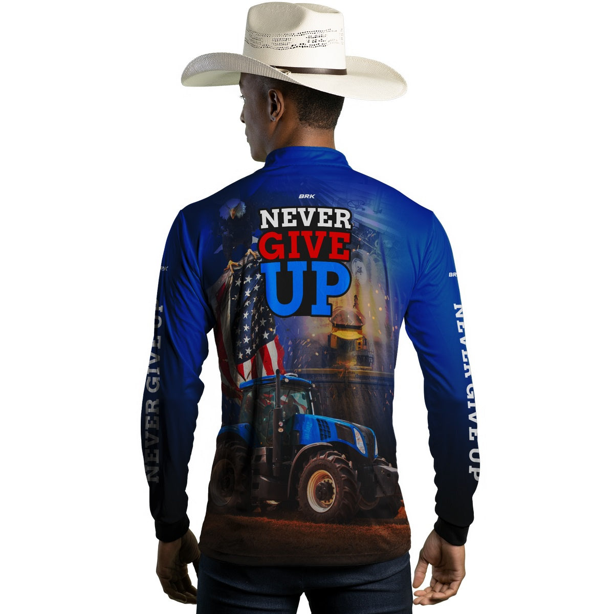 Camisa Agro Brk Azul Trator Never Give Up com Proteção Solar UV50+ - Brk Agro