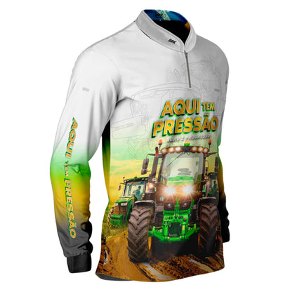 Camisa Agro Brk Trator Aqui Tem Pressão Branca com Proteção Solar UV50+ - Brk Agro