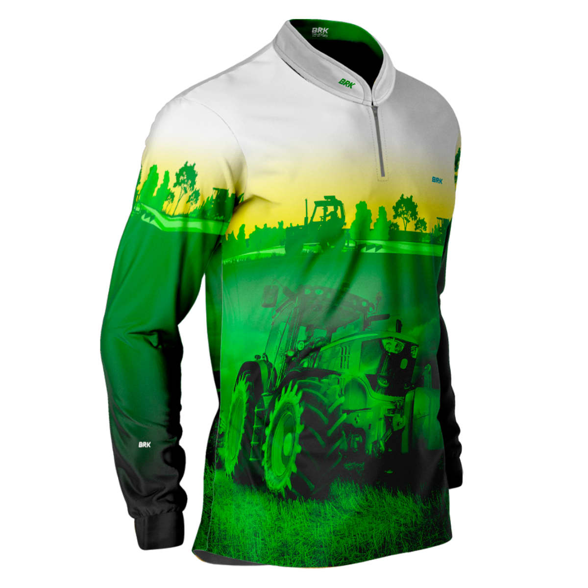 Camisa Branca com Verde Brk Agro John Deere Maquinário com Proteção Solar UV50+ - Brk Agro