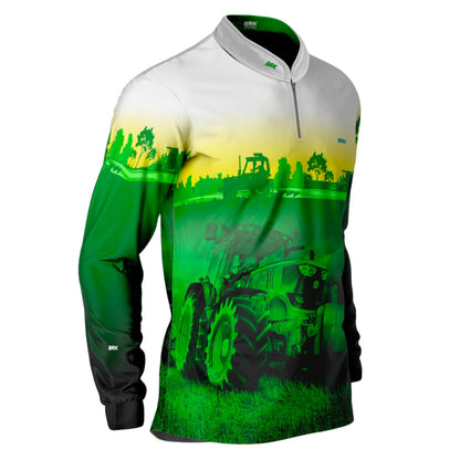Camisa Branca com Verde Brk Agro John Deere Maquinário com Proteção Solar UV50+ - Brk Agro