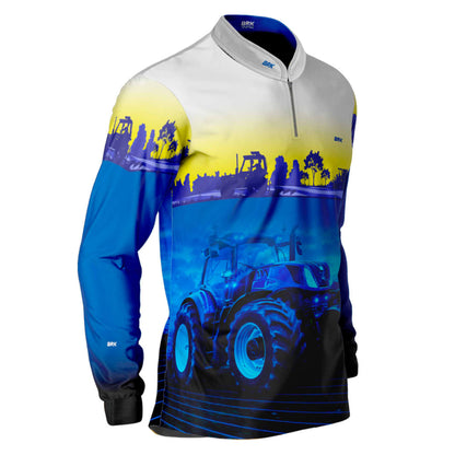 Camisa Branca e Azul Brk Agro New Holland Maquinário com Proteção Solar UV50+ - Brk Agro