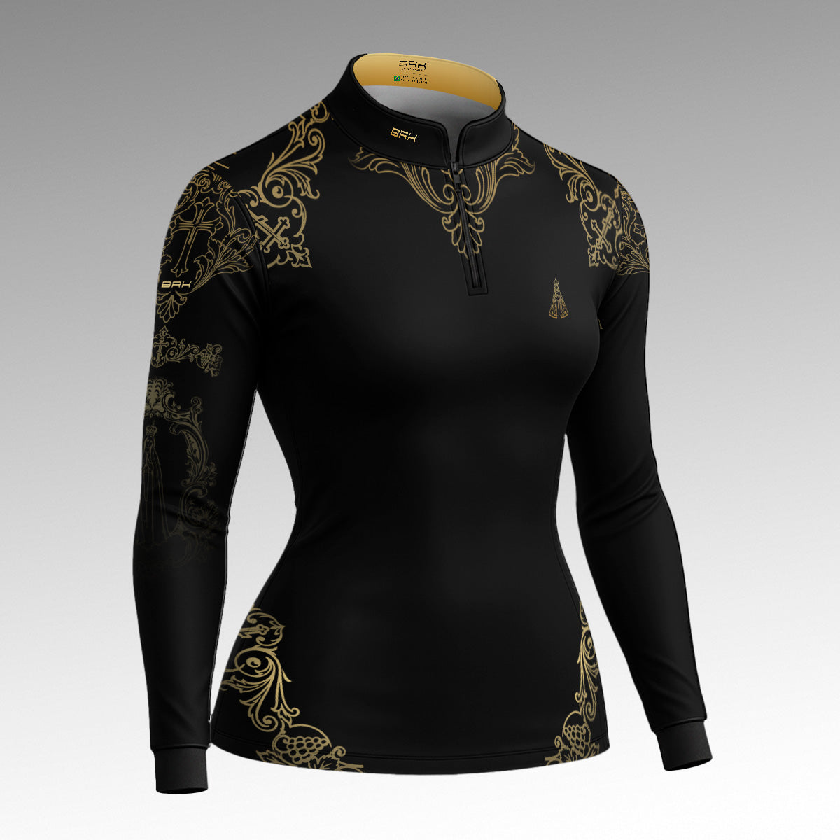 Camisa Feminina Nossa Senhora Floral Dourada com UV50