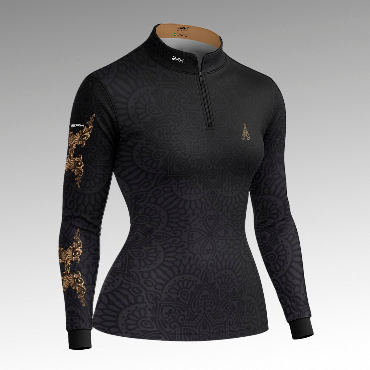 Camisa Feminina Nossa Senhora Aparecida Rogai por Nós Preto Ouro Velho com UV50
