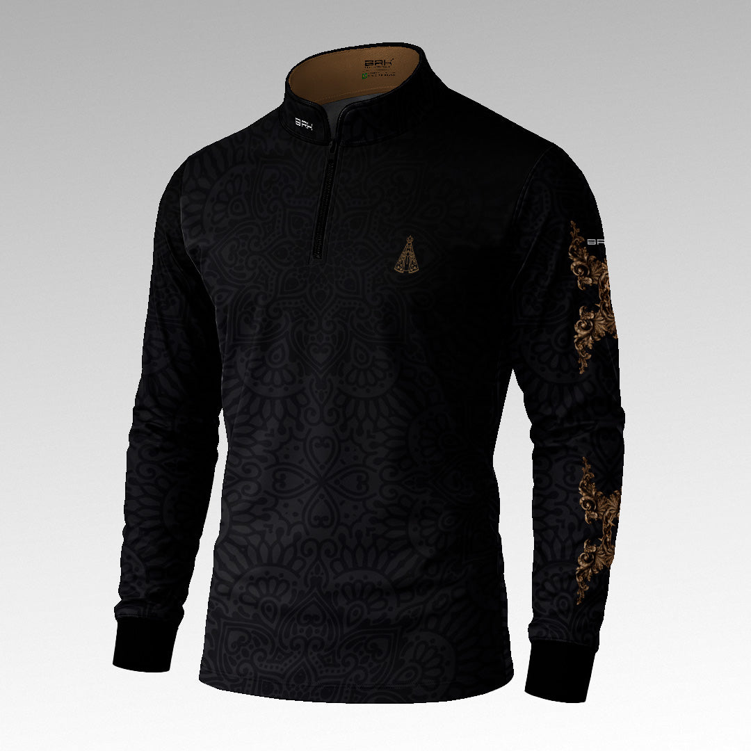Camisa Brk Nossa Senhora Aparecida Rogai por Nós Preto Ouro Velho com Proteção Solar UV50+