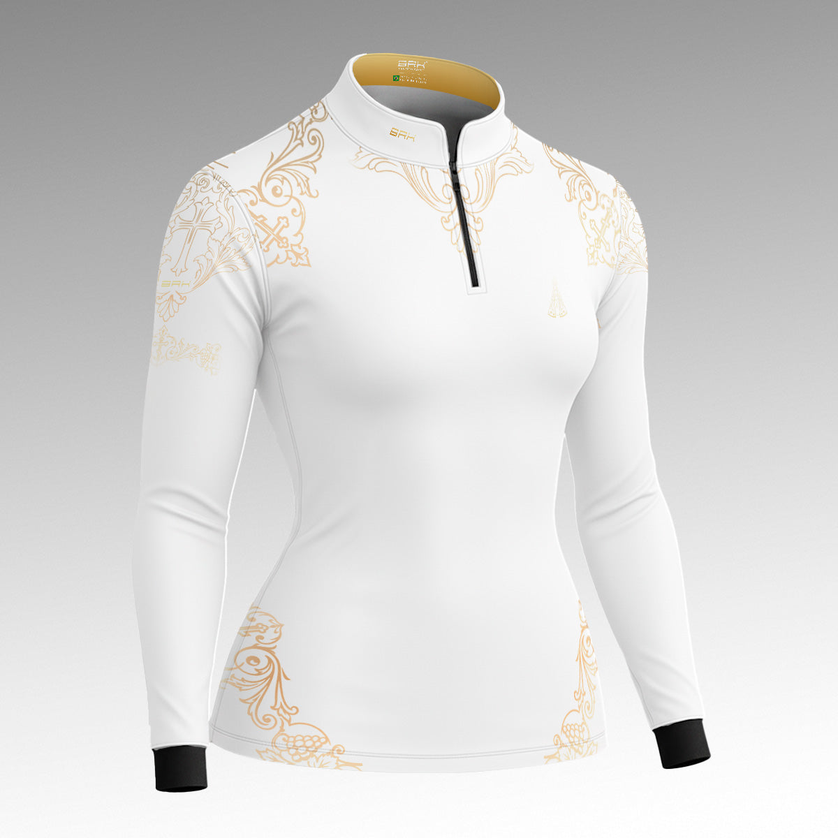 Camisa Feminina Nossa Senhora Aparecida Portuguesa Branco e Dourado com UV50