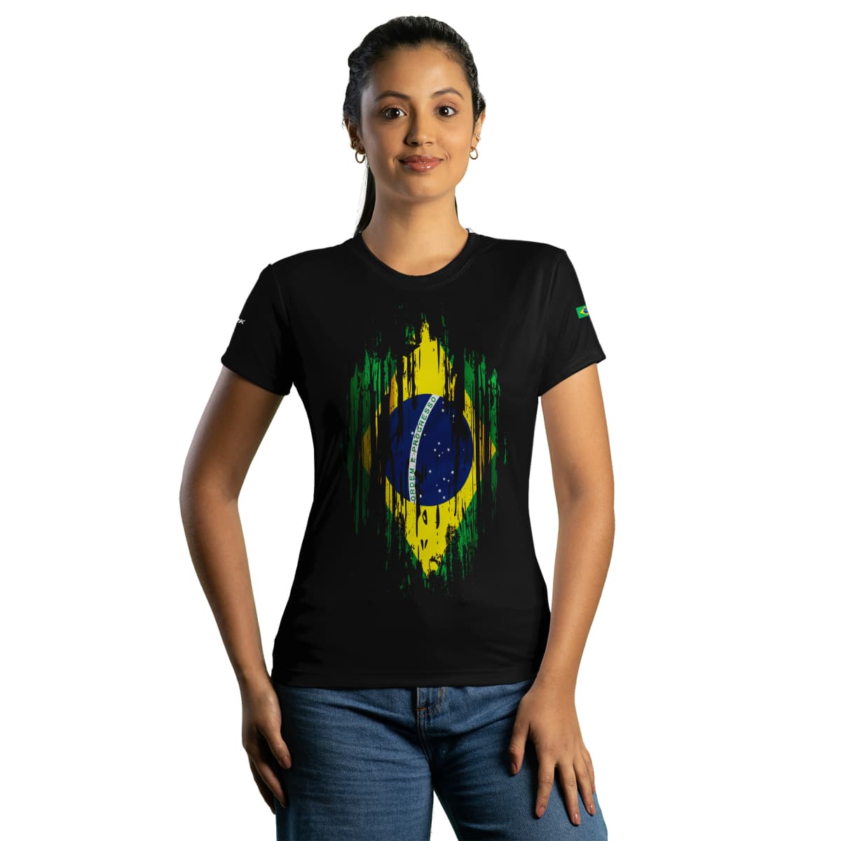 Camiseta Brasil Patriota Preta Bandeira Grunge com UV50+ - BRK AGRO