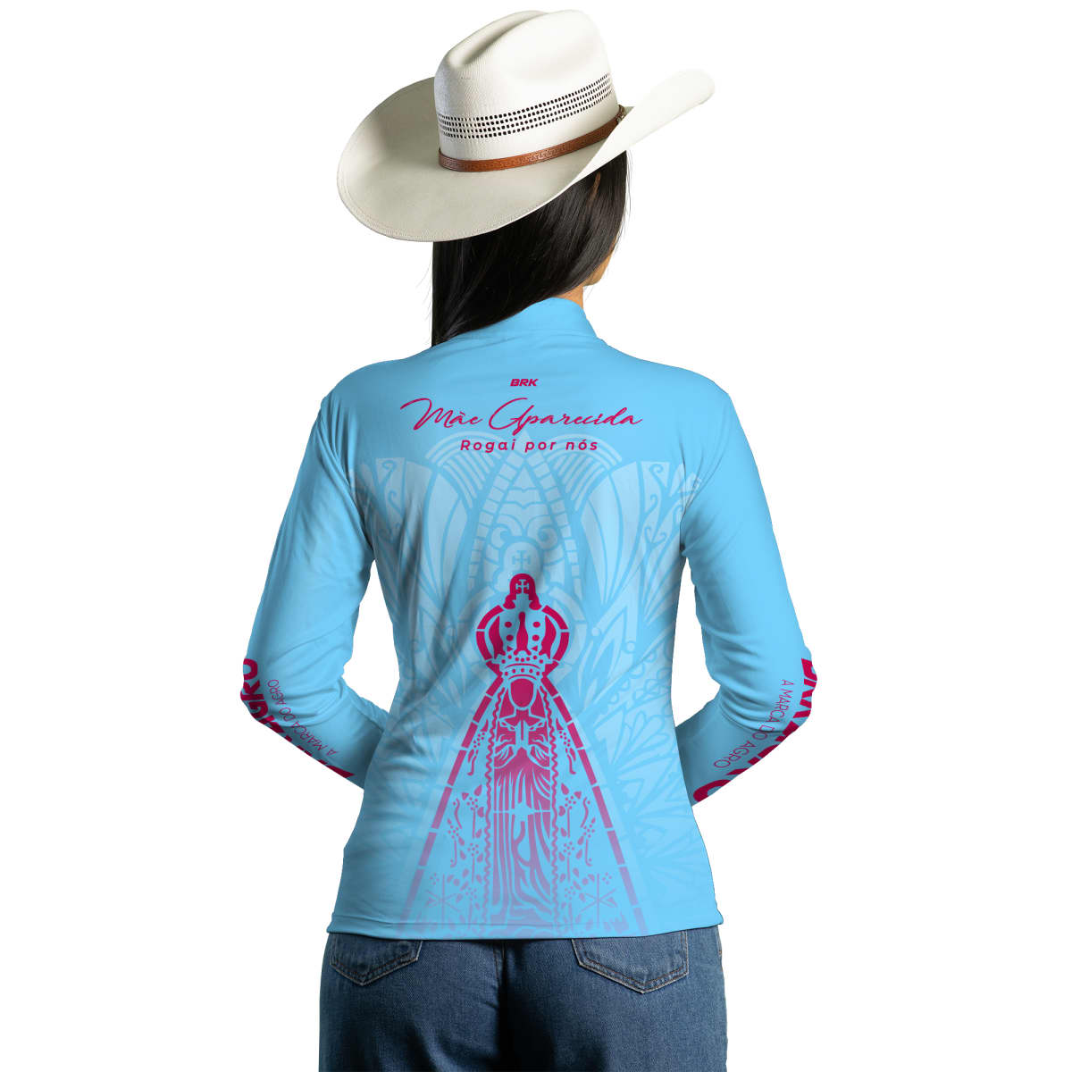 Camisa Agro Brk Feminina Mãe Aparecida Azul Clara com Proteção Solar UV50+ - Brk Agro