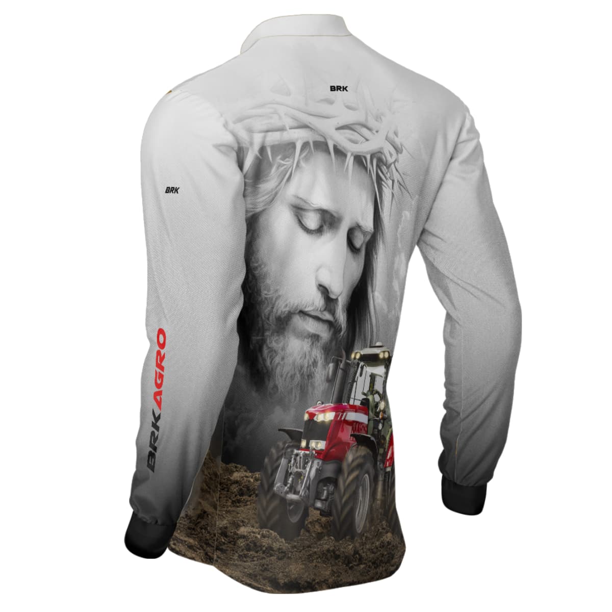 Camisa Agro Brk Branca Jesus Trator Vermelho com Proteção Solar UV50+ - Brk Agro