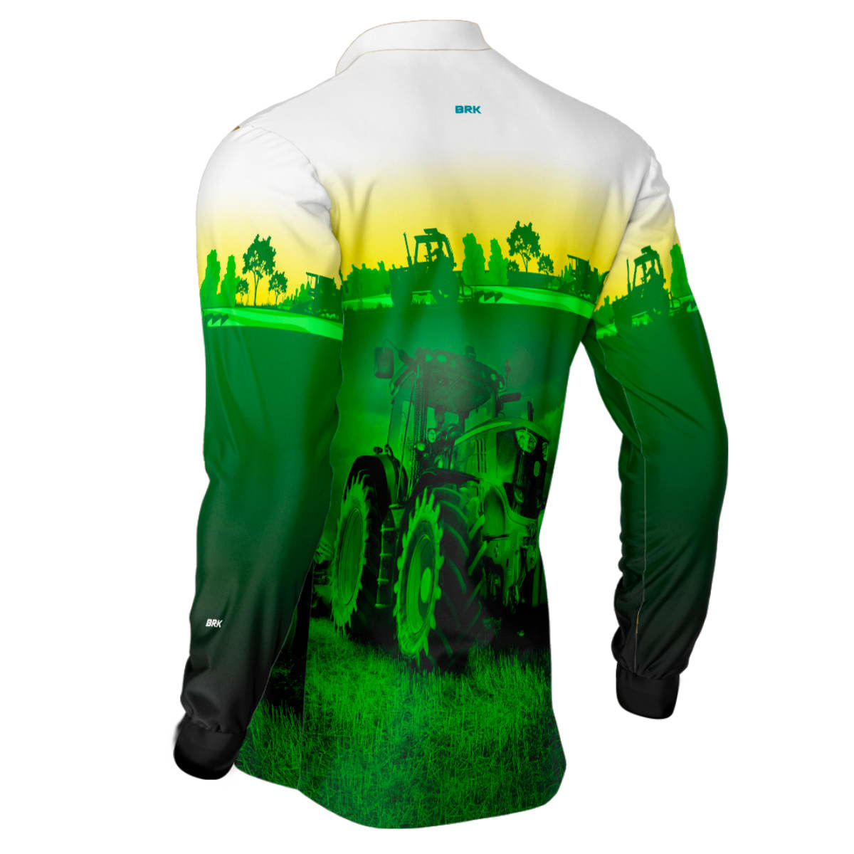 Camisa Branca com Verde Brk Agro John Deere Maquinário com Proteção Solar UV50+ - Brk Agro