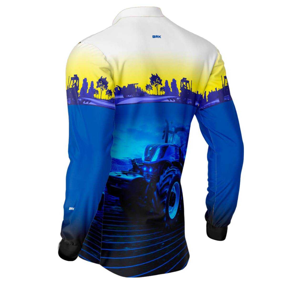 Camisa Branca e Azul Brk Agro New Holland Maquinário com Proteção Solar UV50+ - Brk Agro