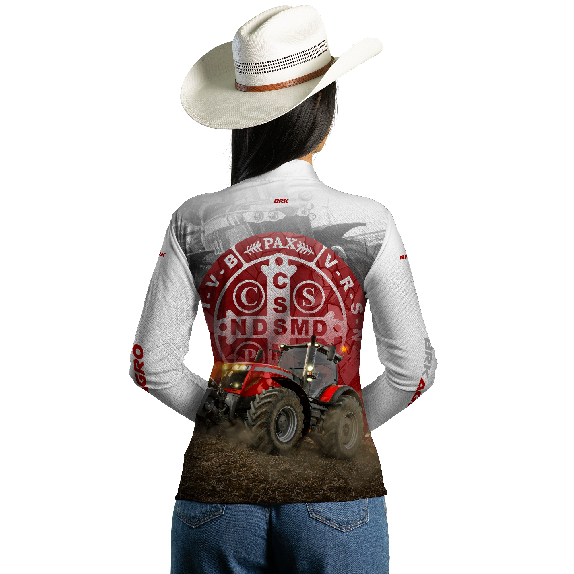 Camisa Agro Brk Trator São Bento Branco e Vermelho com Proteção Solar UV50+ - BRK AGRO