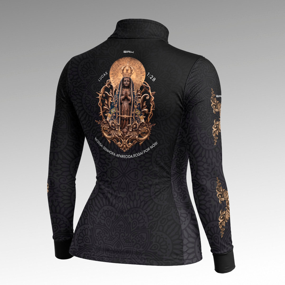 Camisa Feminina Nossa Senhora Aparecida Rogai por Nós Preto Ouro Velho com UV50