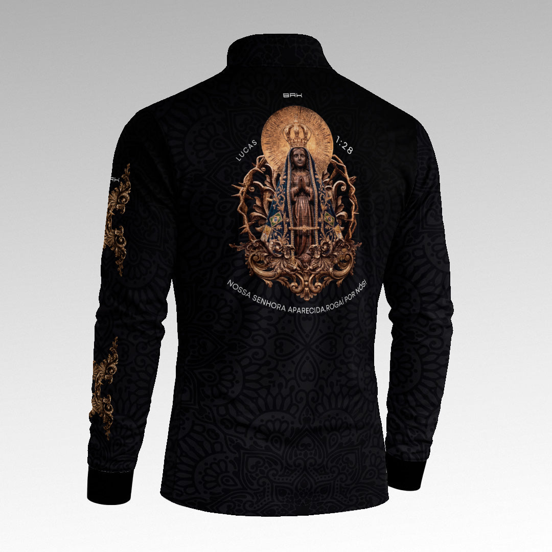 Camisa Brk Nossa Senhora Aparecida Rogai por Nós Preto Ouro Velho com Proteção Solar UV50+