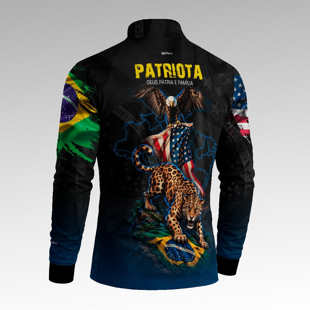 Camisa Brk Patriota Deus Pátria e Família Onça e Águia Brasil e EUA Preta Azul com Proteção UV50+