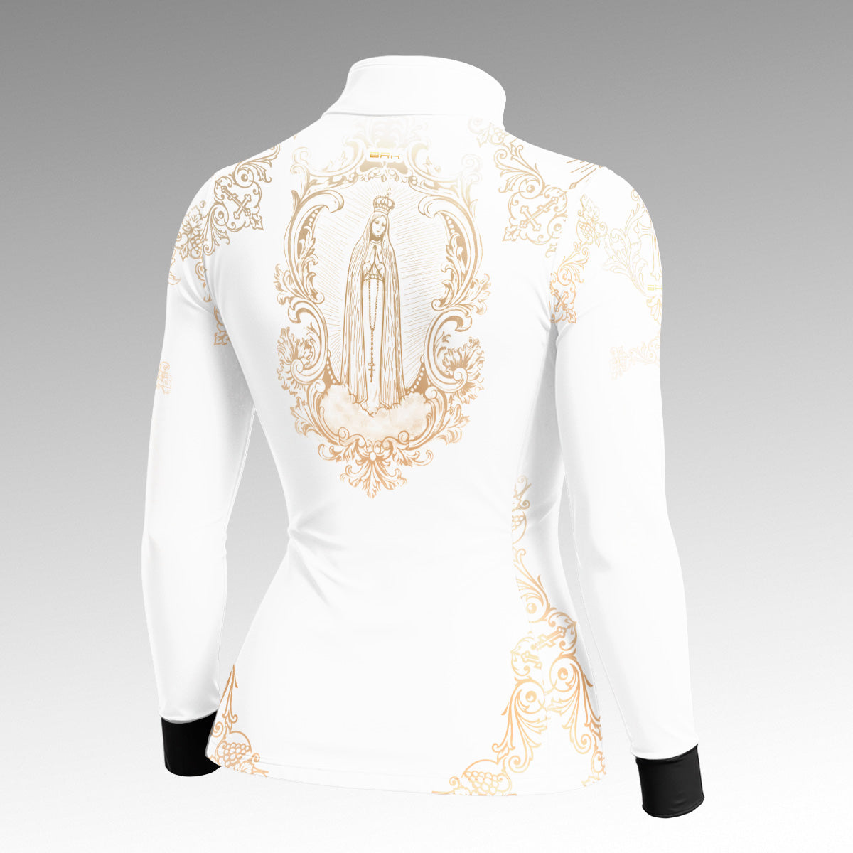 Camisa Feminina Nossa Senhora Aparecida Portuguesa Branco e Dourado com UV50