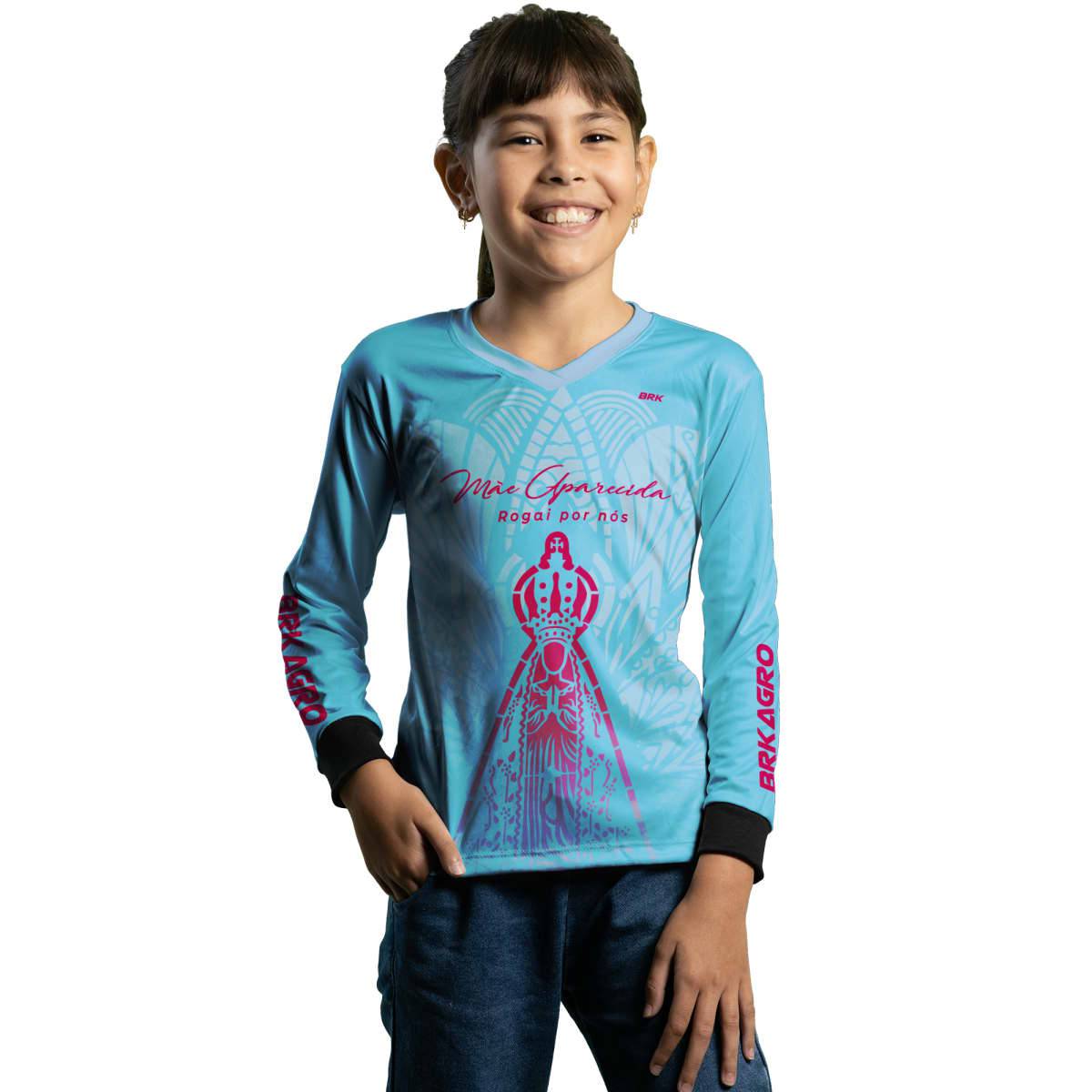 Camisa Agro Brk Feminina Mãe Aparecida Azul Clara com Proteção Solar UV50+ - Brk Agro