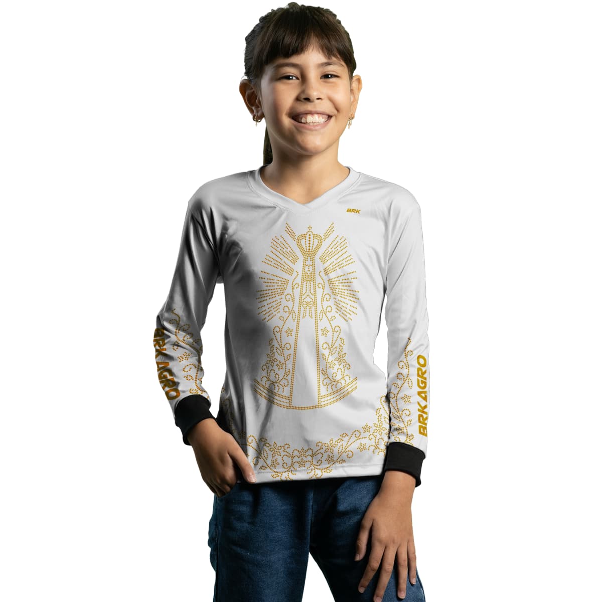 Camisa Infantil Agro Brk Feminina Nossa Senhora Strass Branca com Proteção Solar UV50+ - Brk Agro