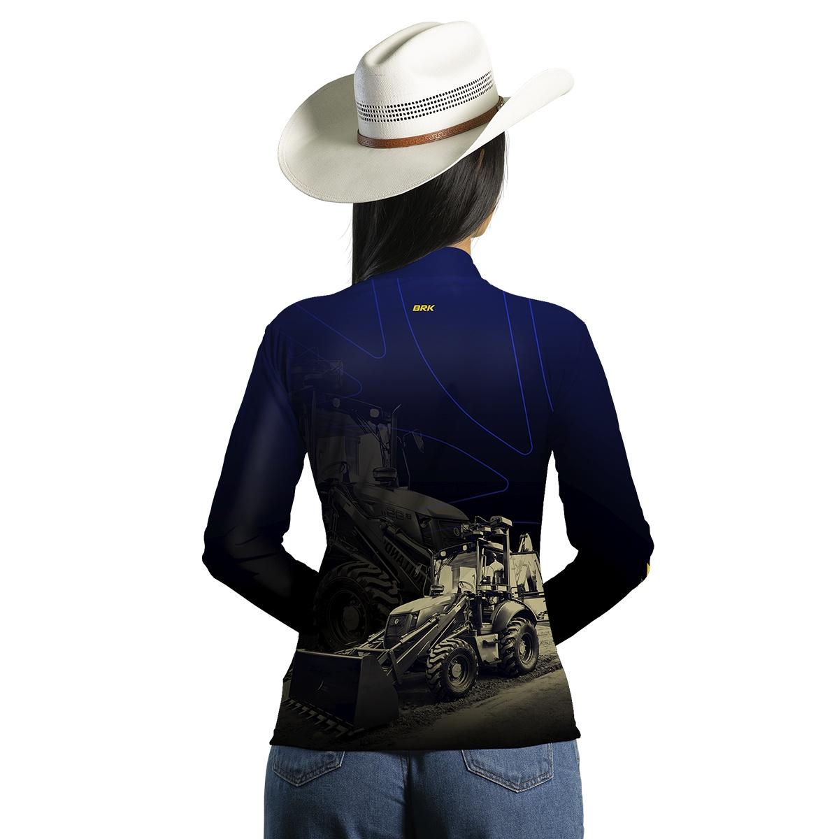 Camisa Feminina Agro Brk Azul e Preta Retroescavadeira com UV50+ - Brk Agro