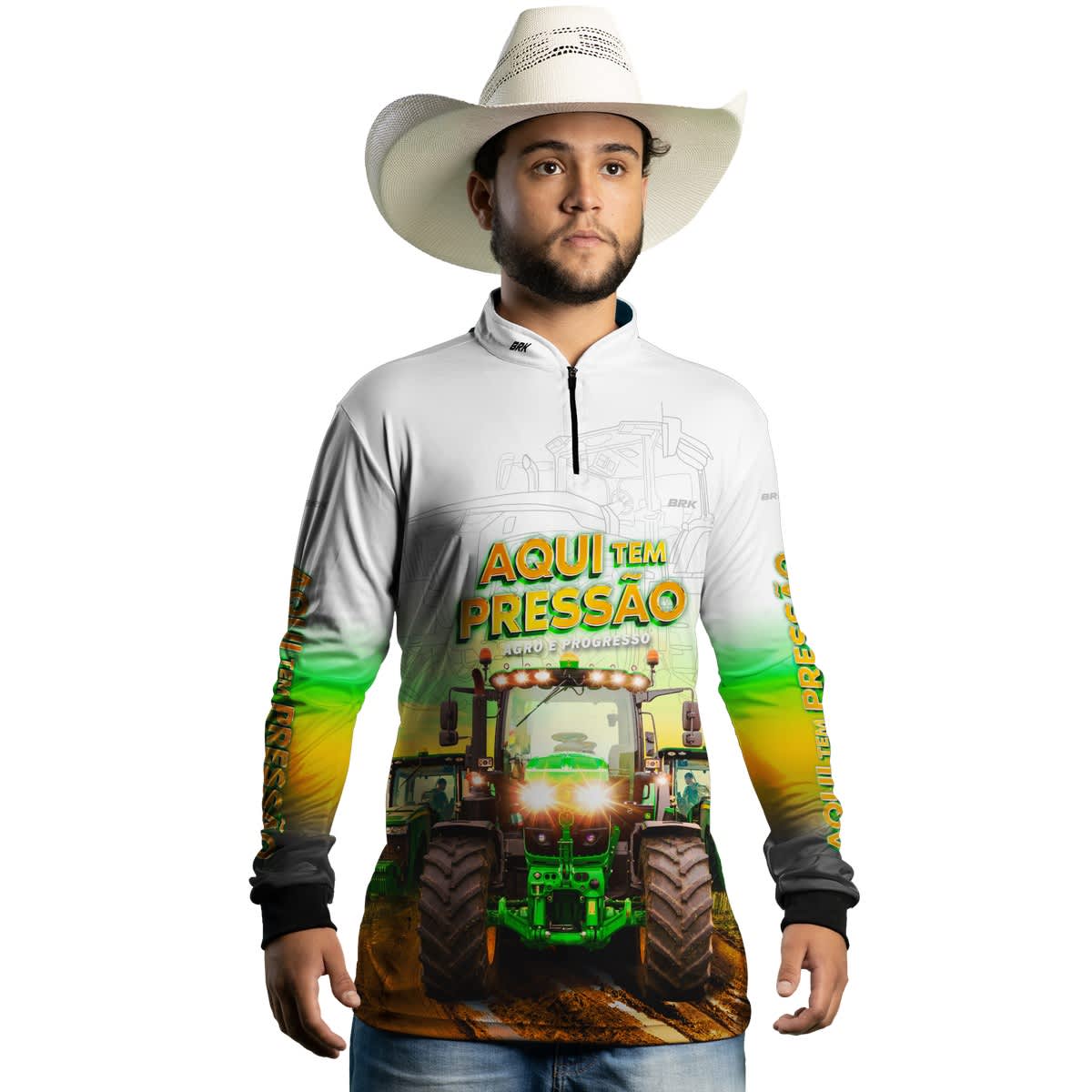 Camisa Agro Brk Trator Aqui Tem Pressão Branca com Proteção Solar UV50+ - Brk Agro