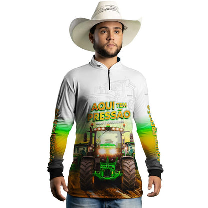 Camisa Agro Brk Trator Aqui Tem Pressão Branca com Proteção Solar UV50+ - Brk Agro