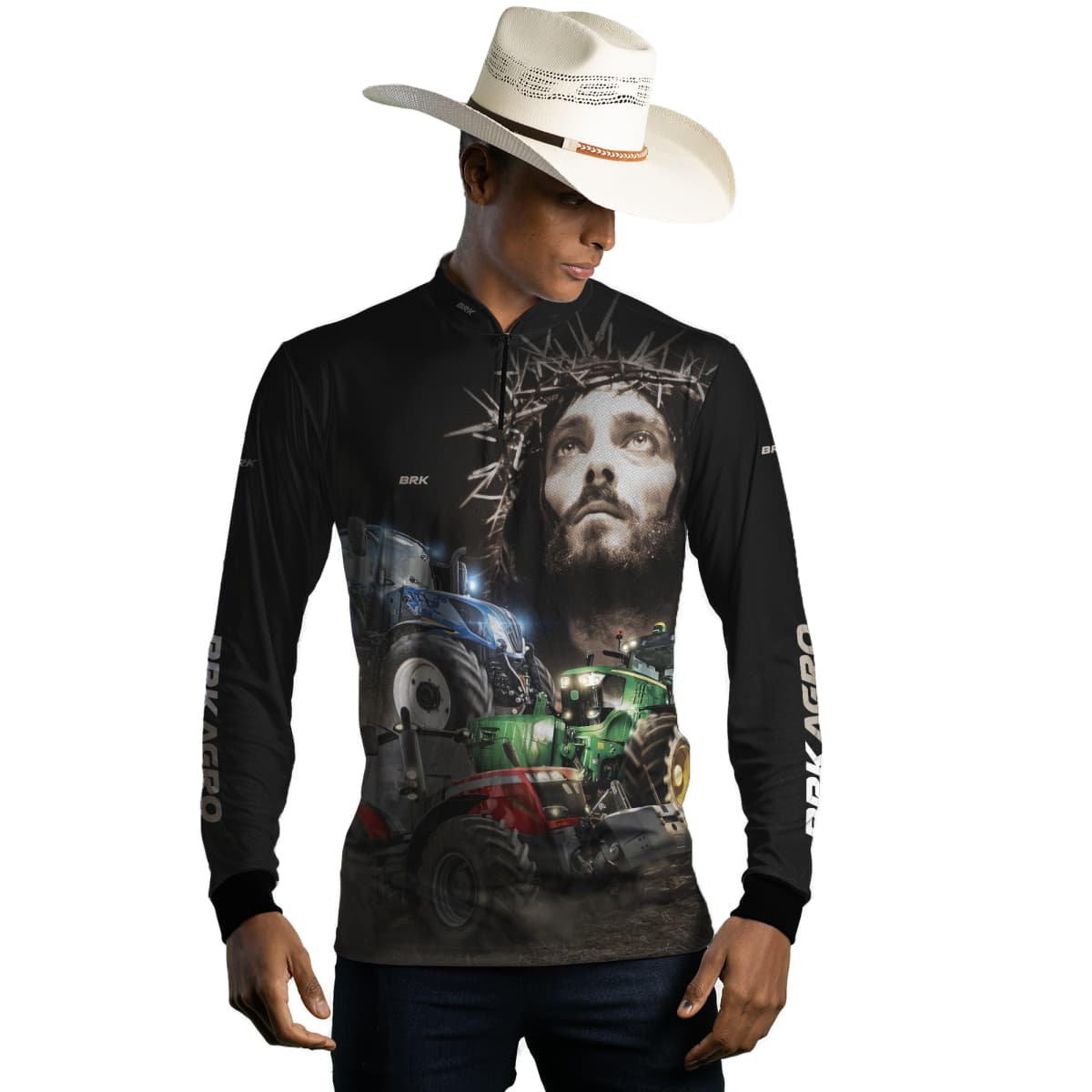 Camisa Agro Brk Trator Jesus Preta com Proteção Solar UV50+ - Brk Agro