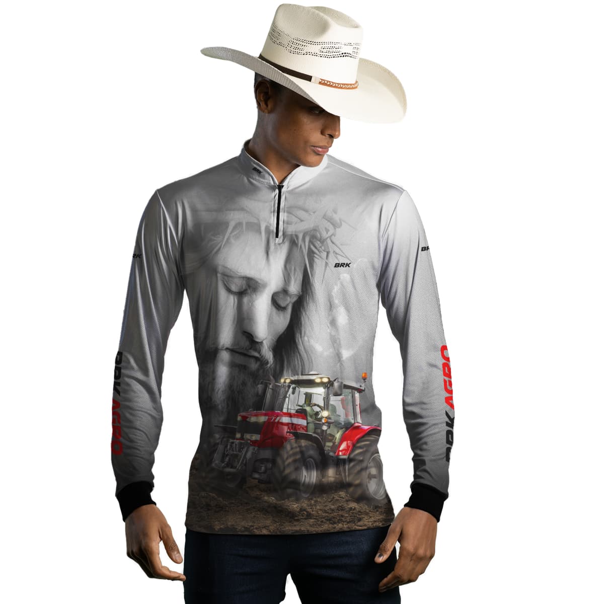 Camisa Agro Brk Branca Jesus Trator Vermelho com Proteção Solar UV50+ - Brk Agro