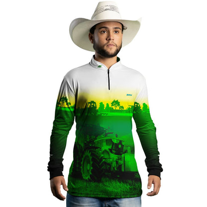 Camisa Branca com Verde Brk Agro John Deere Maquinário com Proteção Solar UV50+ - Brk Agro