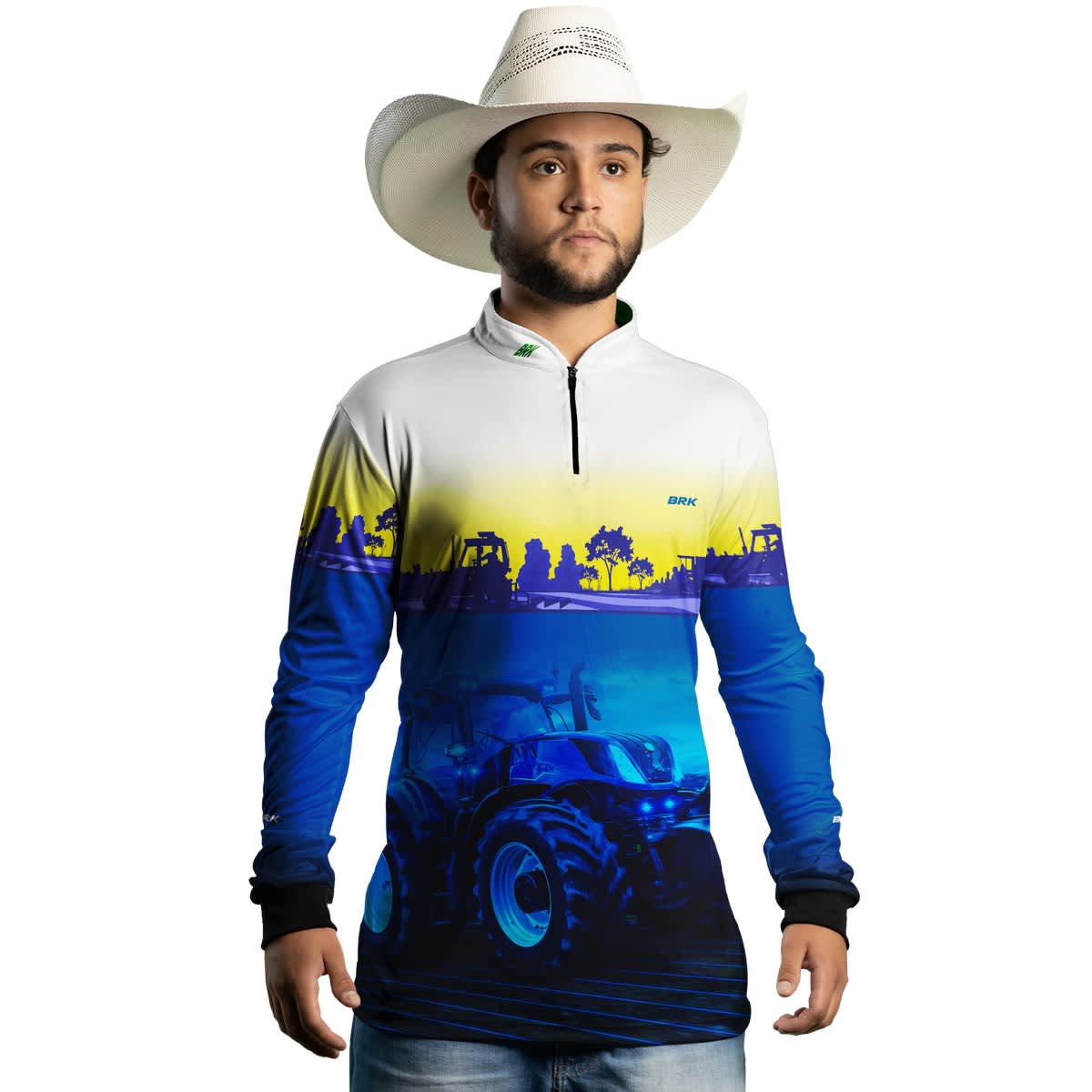 Camisa Branca e Azul Brk Agro New Holland Maquinário com Proteção Solar UV50+ - Brk Agro