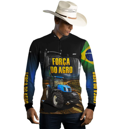 Camisa Agro Brk Trator Azul Força do Agro com Proteção Solar UV50+ - Brk Agro