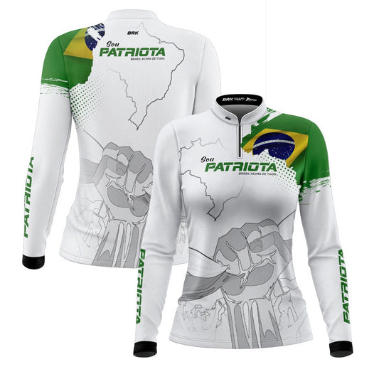 Camisa Agro Feminina Brk Básica Patriota Bandeira do Brasil Branca com Proteção UV50+