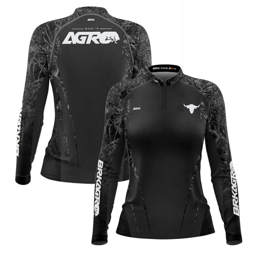 Camisa Agro Feminina Brk Camuflado Real Tree Preta com Proteção Solar UV50+