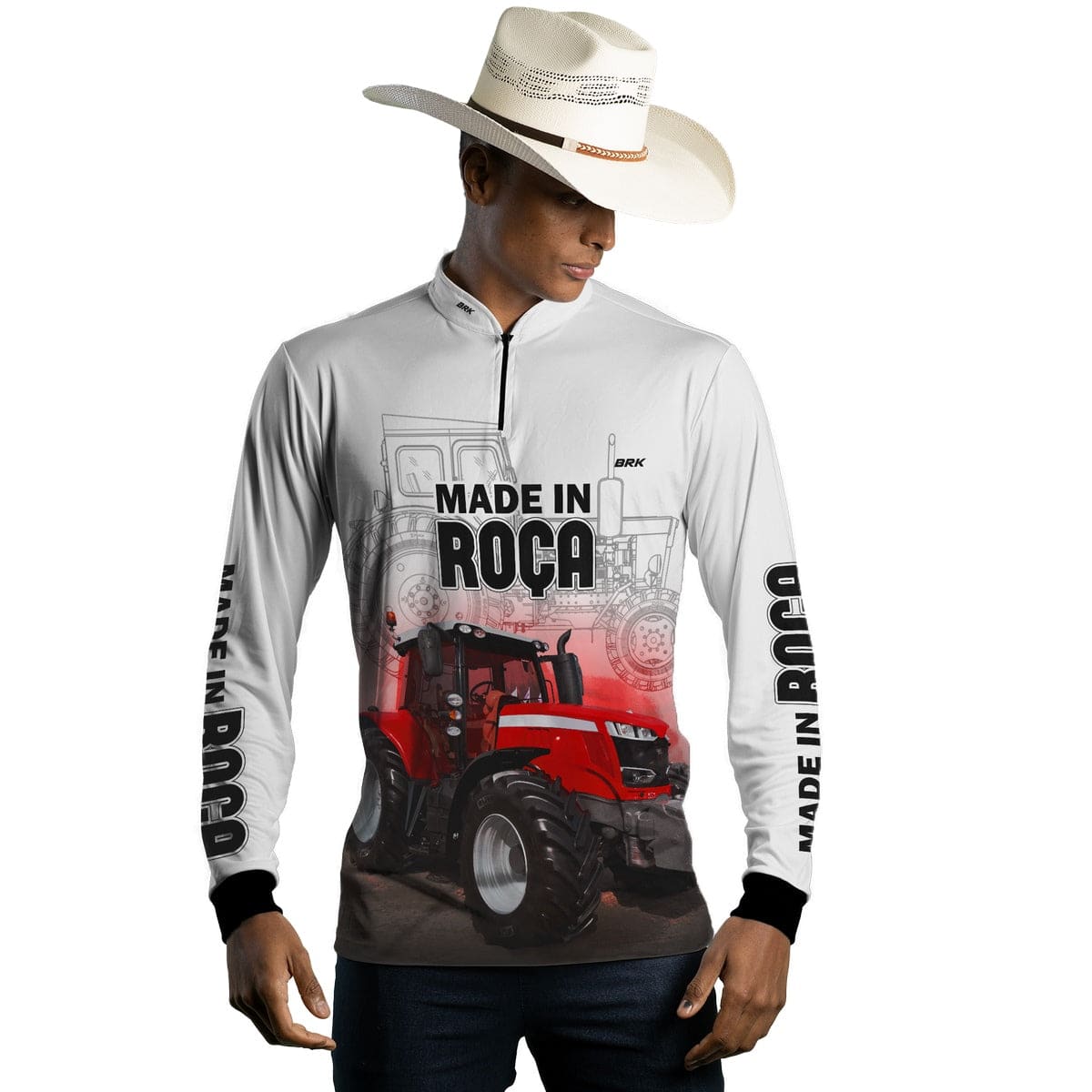Camisa Agro Brk Made in Roça Branca Trator Vermelho com Proteção Solar UV50+ - Brk Agro