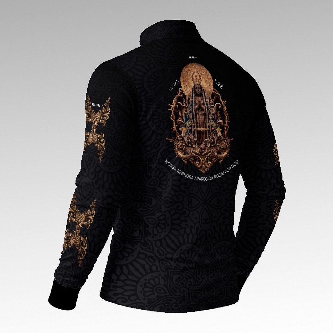 Camisa Brk Nossa Senhora Aparecida Rogai por Nós Preto Ouro Velho com Proteção Solar UV50+