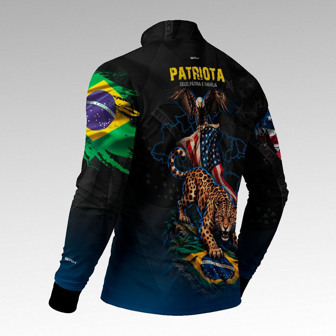 Camisa Brk Patriota Deus Pátria e Família Onça e Águia Brasil e EUA Preta Azul com Proteção UV50+