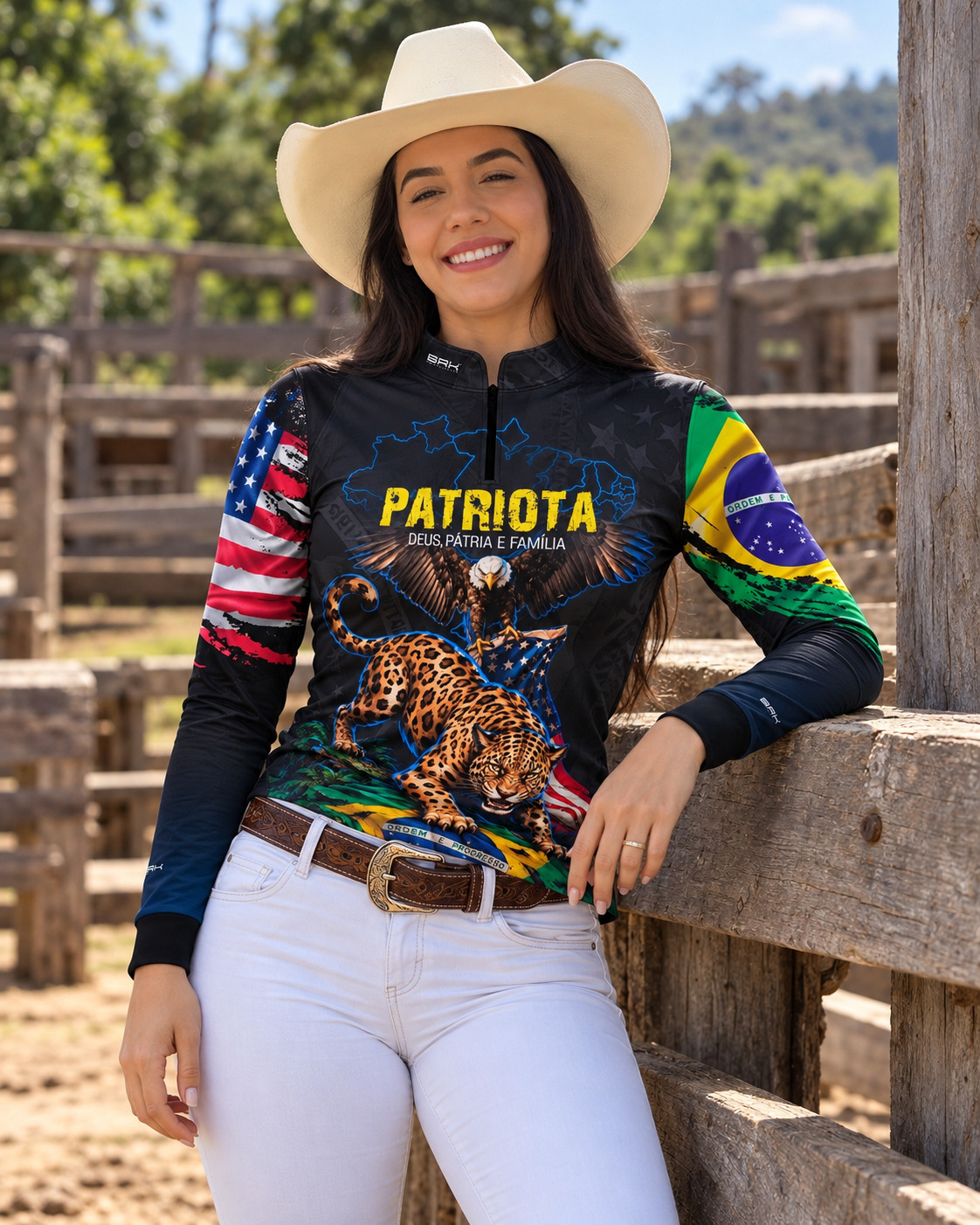 Camisa Brk Feminina Patriota Deus Pátria e Família Onça e Águia Brasil e EUA Preta Azul com Proteção UV50+