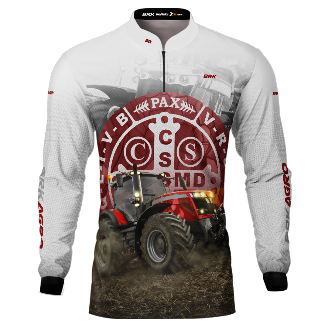 Camisa Agro Brk Trator São Bento Branco e Vermelho com Proteção Solar UV50+ - BRK AGRO