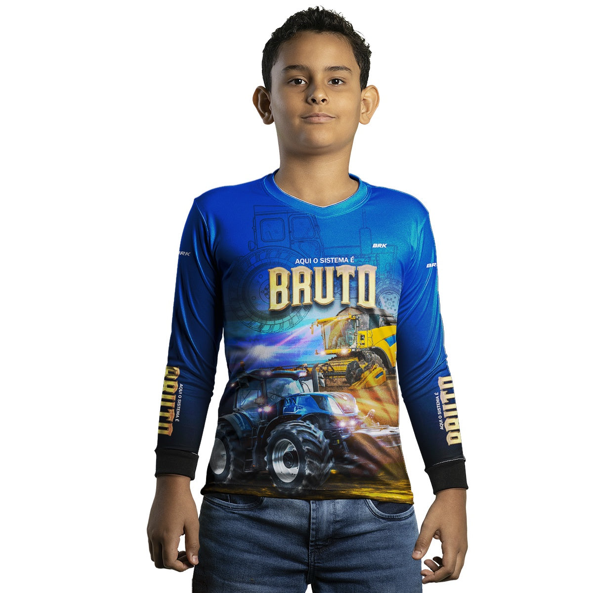Camisa Infantil Agro Brk Sistema é Bruto Trator Azul com UV50+ - Brk Agro