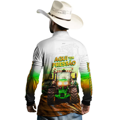 Camisa Agro Brk Trator Aqui Tem Pressão Branca com Proteção Solar UV50+ - Brk Agro
