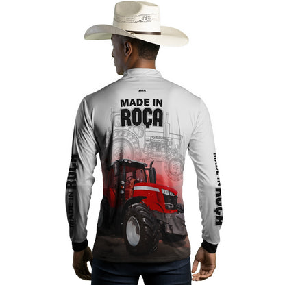 Camisa Agro Brk Made in Roça Branca Trator Vermelho com Proteção Solar UV50+ - Brk Agro