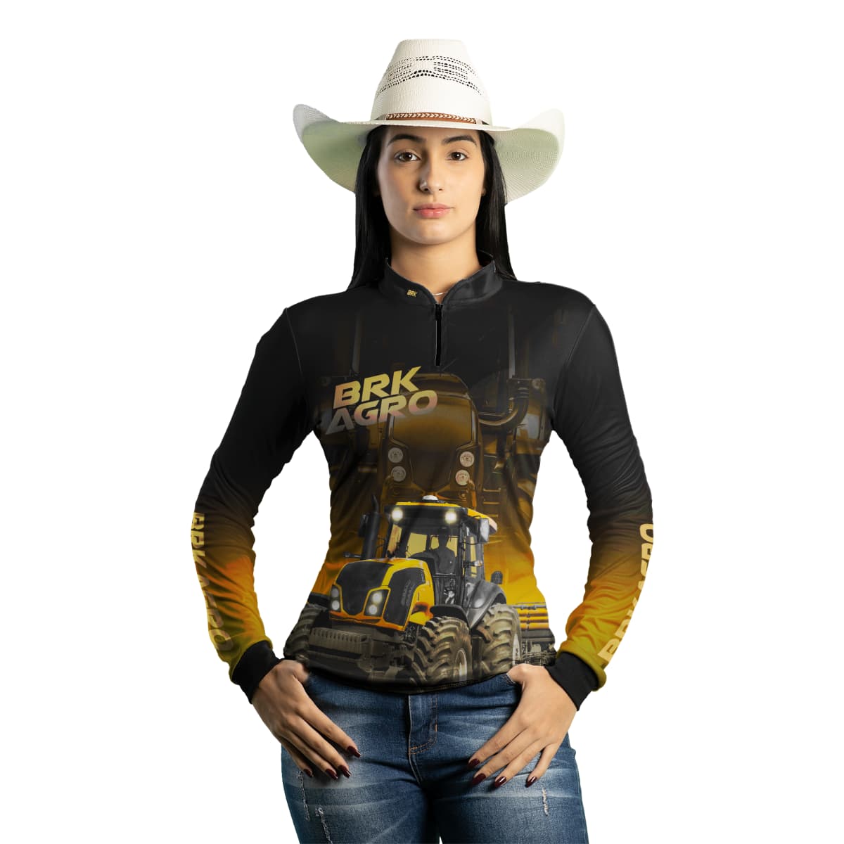 Camisa Feminina Agro Brk Trator BM115 Preto e Amarelo com Proteção Solar UV50+ - Brk Agro
