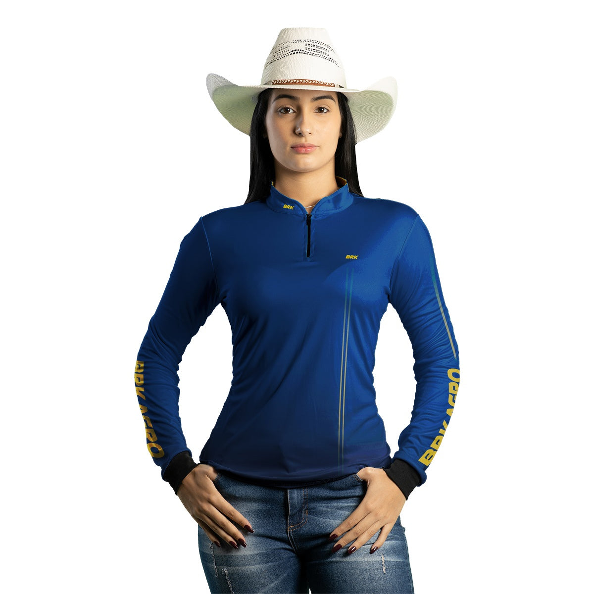 Camisa Feminina Agro Brk Básica Azul e Amarelo com Proteção UV50+ - Brk Agro