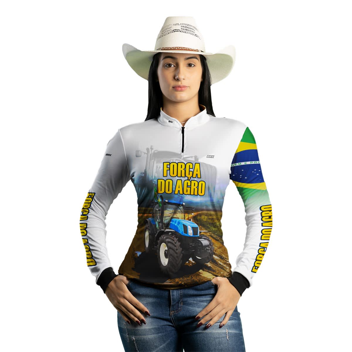 Camisa Agro Brk Trator A Força do Agro Branca com Proteção Solar UV50+ - Brk Agro