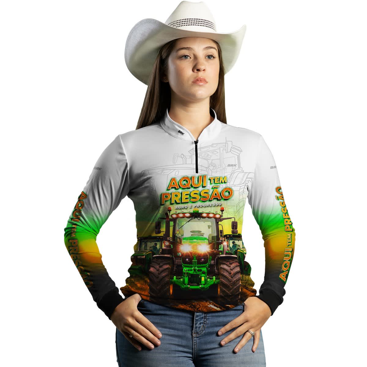 Camisa Agro Brk Trator Aqui Tem Pressão Branca com Proteção Solar UV50+ - Brk Agro
