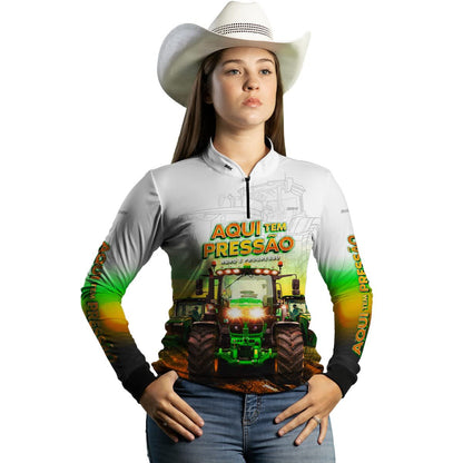 Camisa Agro Brk Trator Aqui Tem Pressão Branca com Proteção Solar UV50+ - Brk Agro