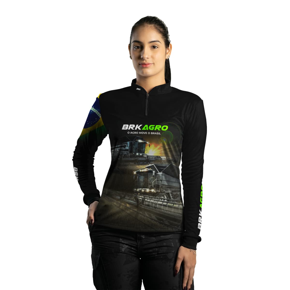 Camisa Feminina Agro Brk Preta Colheitadeira com Proteção Solar UV50+ - Brk Agro
