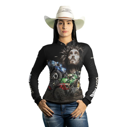 Camisa Feminina Agro Brk Trator Jesus Preta com Proteção Solar UV50+ - Brk Agro