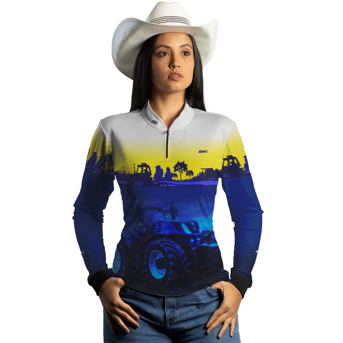 Camisa Branca e Azul Brk Agro New Holland Maquinário com Proteção Solar UV50+ - Brk Agro