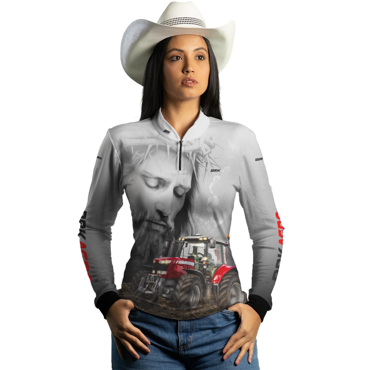 Camisa Agro Brk Branca Jesus Trator Vermelho com Proteção Solar UV50+ - Brk Agro